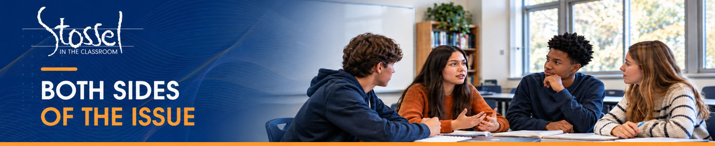 Stossel in the Classroom: Both Sides of the Issue. Four students in discussion around a classroom table.